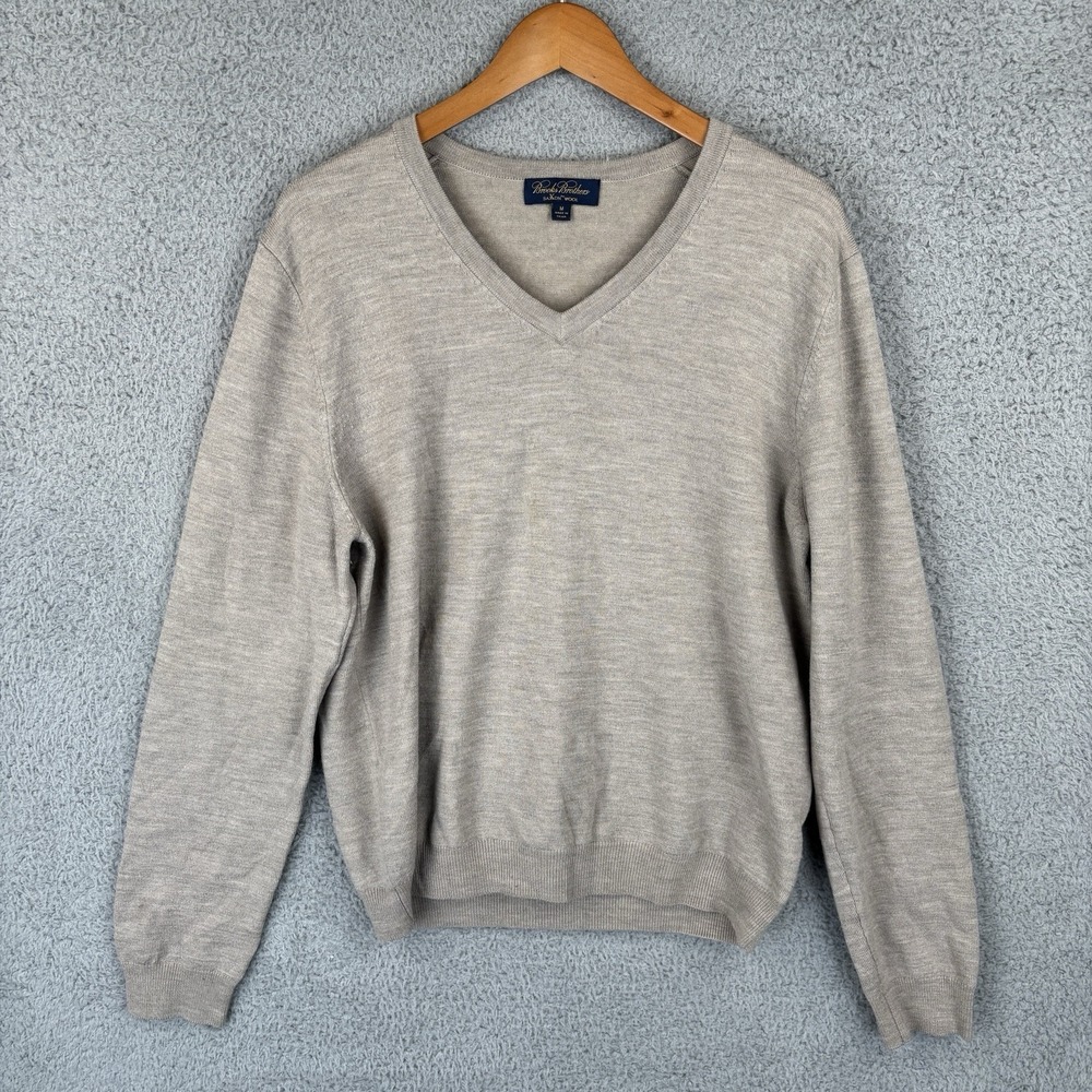 Brook Brothers Sweater Mens Medium Beige V Neck‎  Saxxon Wool Pullover Preppy
